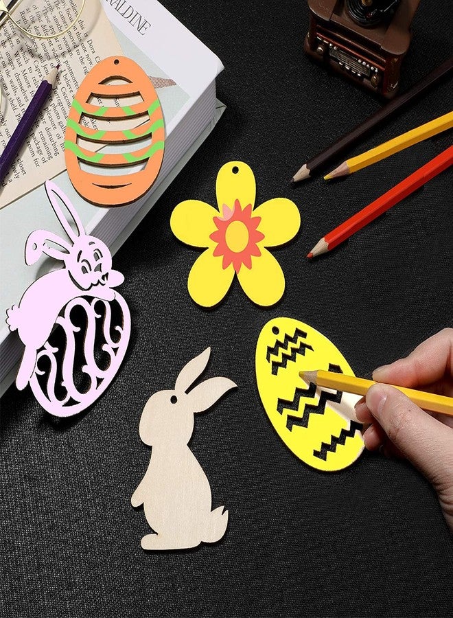 Cliths Pack of 12 Pieces Easter Crafts Wooden Ornaments Unfinished Crafts Wood Hanging Ropes Egg Bunny Chicken Flower Shape for DIY Kids Easter Party Decoration Supplies - Image 3